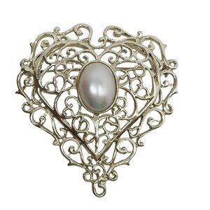 Gold Tone Heart Shaped Filigree Brooch Faux Pearl Centerpiece Victorian Revival